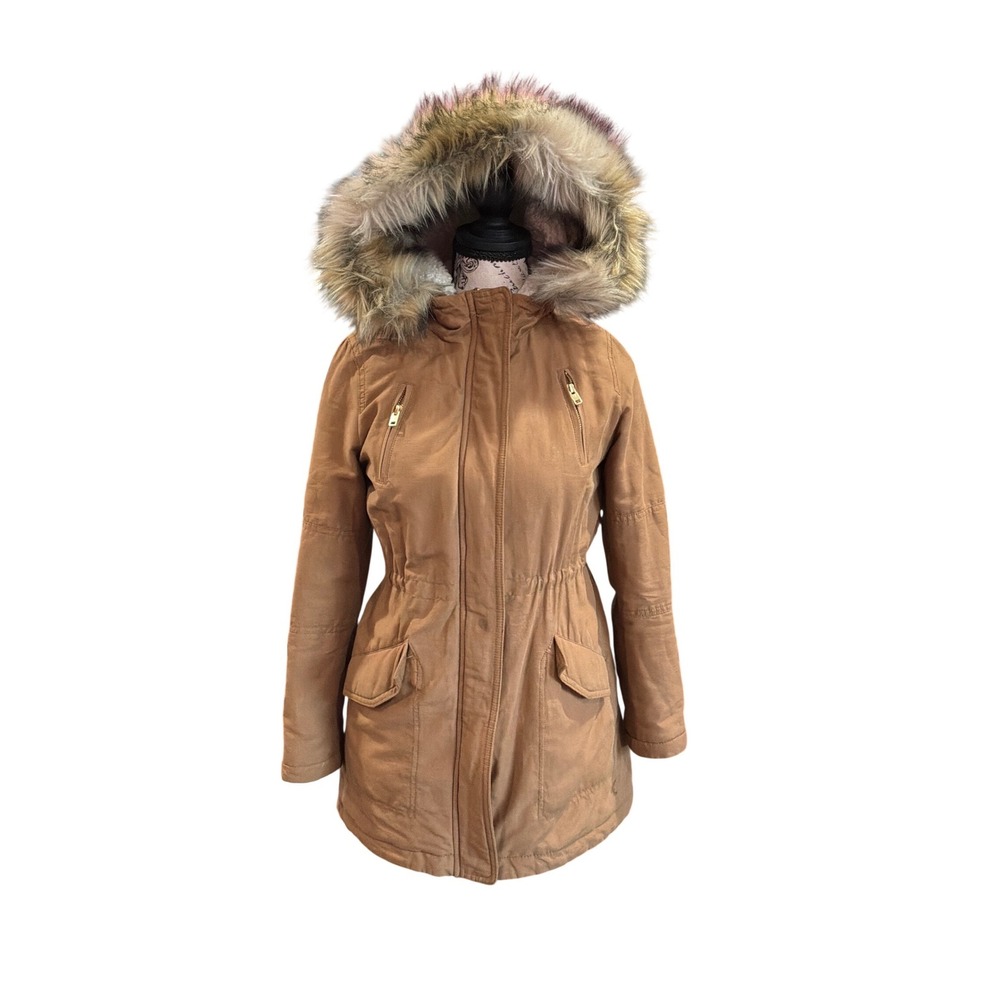 American Eagle Tan Utility Parka Jacket Sherpa Lined Faux Fur Hood Womens XS